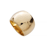 14k yellow gold hammered dome shaped ring on a white background