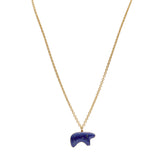 14k yellow Gold necklace with a lapis stone bear pendant on a white background