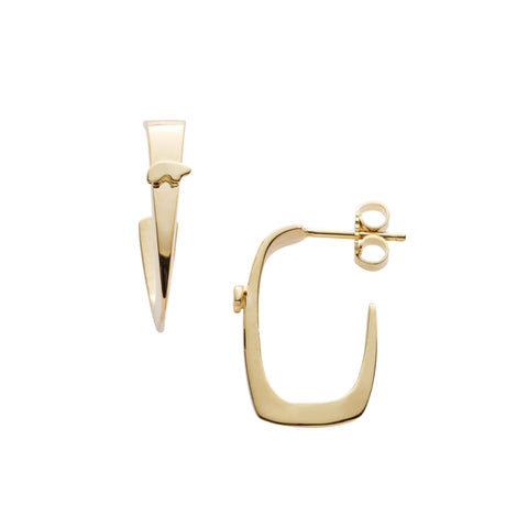 Gold rectangle open hoop earrings featuring a  bear on the front, with gold posts and earnuts on a white background