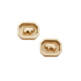 Octagon shaped Gold earrings with a bear design on a white background