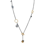 two tone charm lariat necklace oxidized
