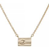 Gold necklace with a rectangular pendant on a white background