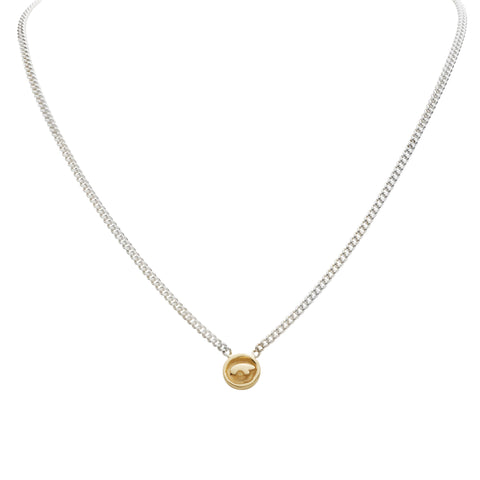 14k yellow gold tiny "coin" disc featuring our Bear on a sterling silver curb chain. 