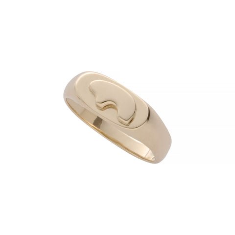 14k yellow Gold signet ring with a bear design on a white background