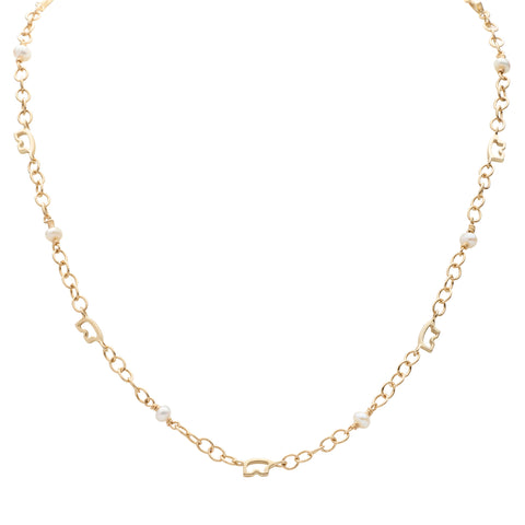 Gold chain necklace with silhouette bears small pearls and on a white background
