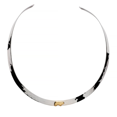 Silver collar with a gold bear on a white background