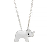 Silver elephant pendant on a chain against a white background