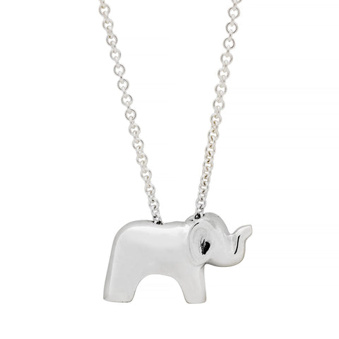 Silver elephant pendant on a chain against a white background