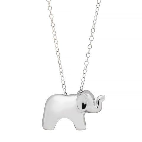 White gold  elephant pendant on a chain against a white background