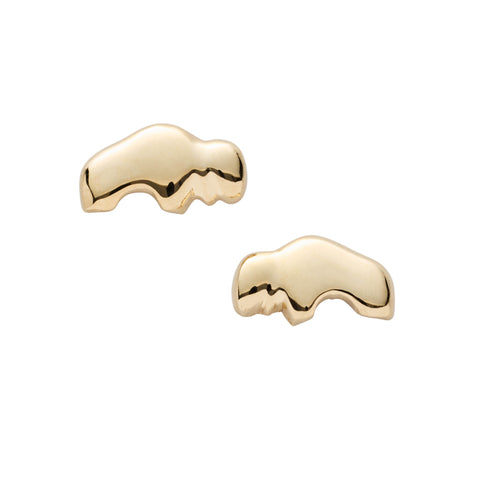 Pair of  14k yellow gold buffalo earrings on a white background