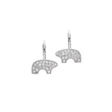 Pair of pave white gold bear earrings with leverback closures on a white background
