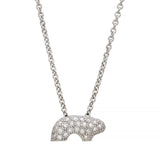 White gold and pave necklace with a bear-shaped pendant on a white background