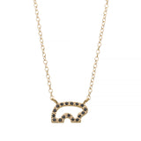 Gold necklace with a bear-shaped pendant with pave black diamonds on a white background