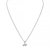 14k white gold necklace with a small bear pendant with a diamond pave bail 
on a white background