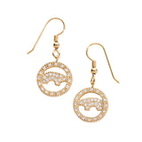 14k yellow gold circle pave bear earrings