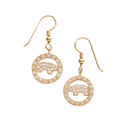 14k yellow gold circle pave bear earrings