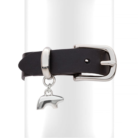 Black leather buckle bracelet with sterling silver bear charm