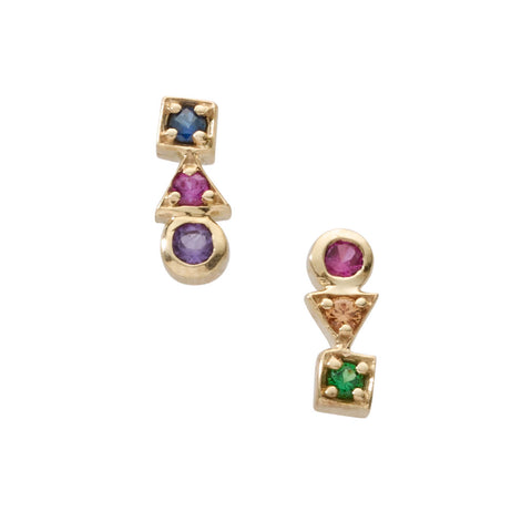14k yellow gold earrings with three multicolor stones