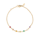 14k yellow Gold bracelet with colorful gemstones on a white background