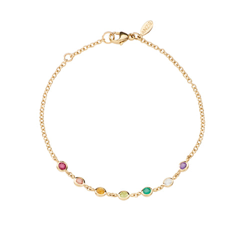 14k yellow Gold bracelet with colorful gemstones on a white background