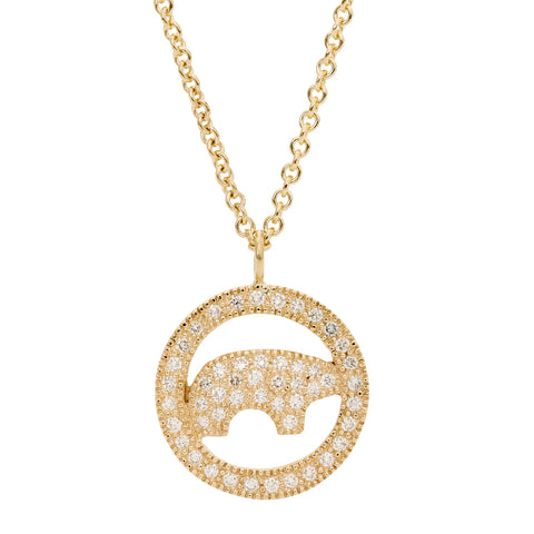 14k Yellow Gold Pave Bear & Circle Necklace
